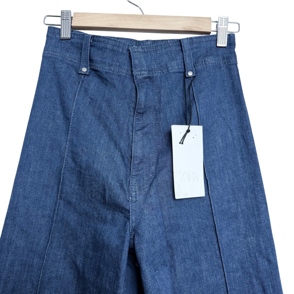 NEW Zara Womens High Waisted Wide Leg Jeans 2 Dark Indigo Front Seam Denim - Picture 2 of 12